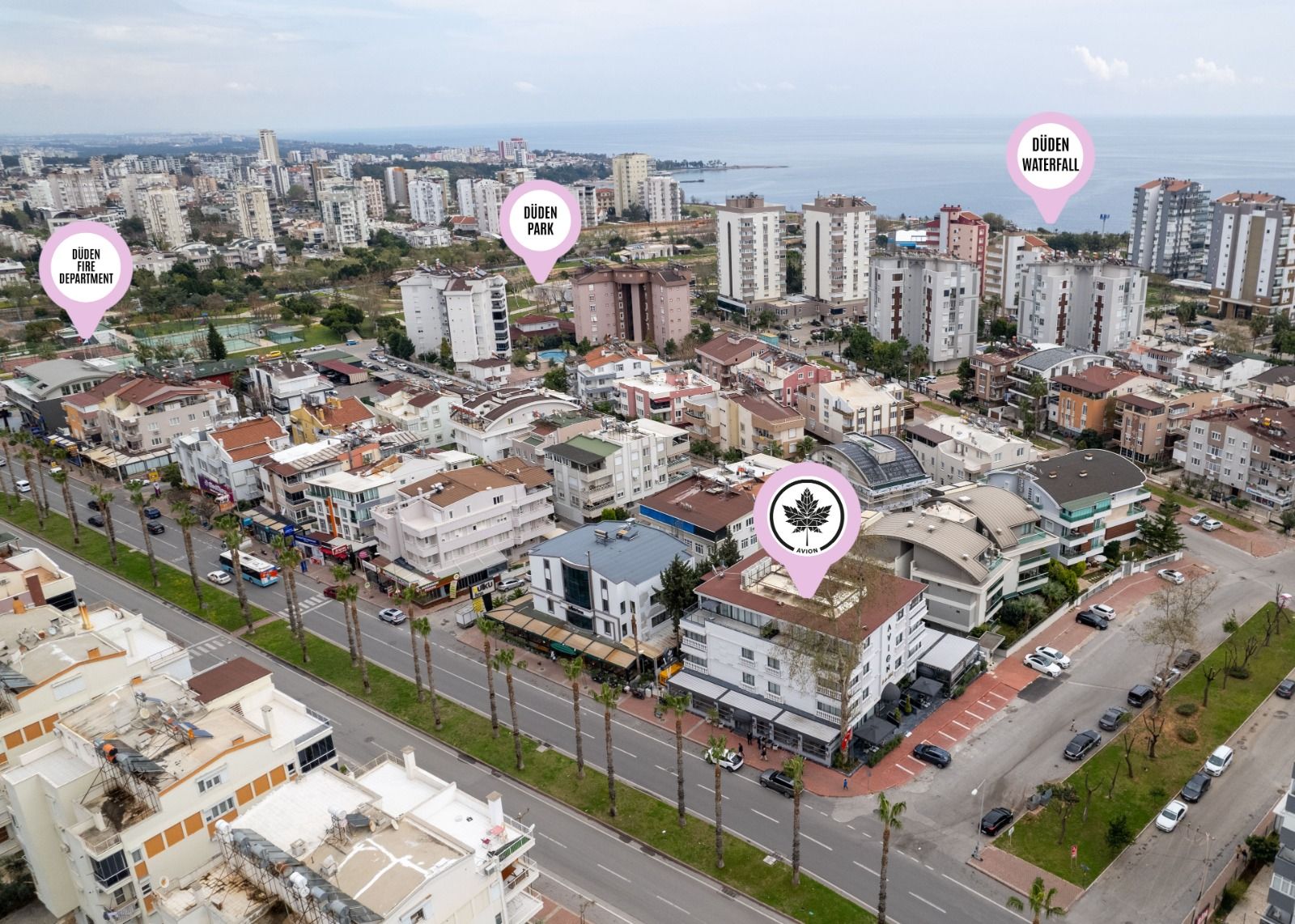 Aerial view of the Düden district, sea and waterfall minutes away