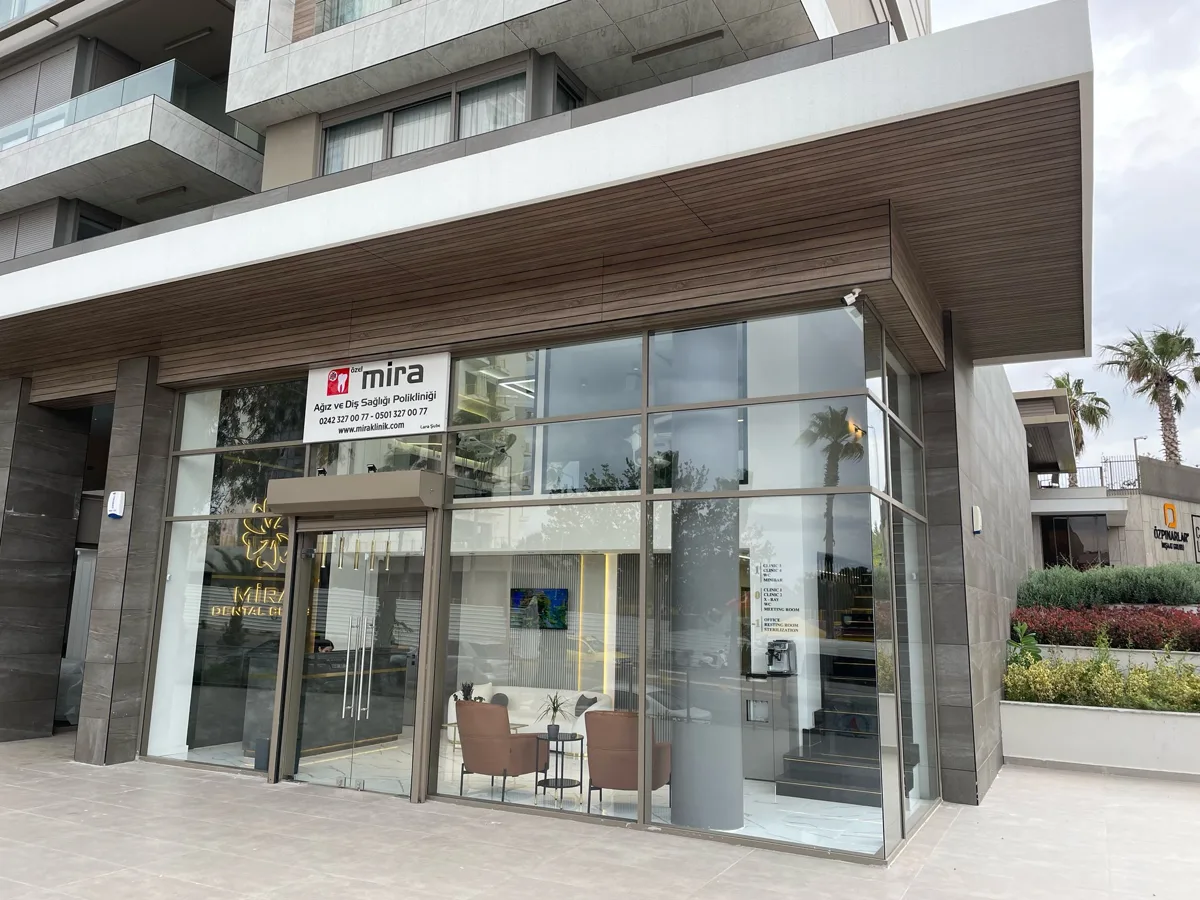 Mira Dental Clinic building entrance in Antalya, Türkiye